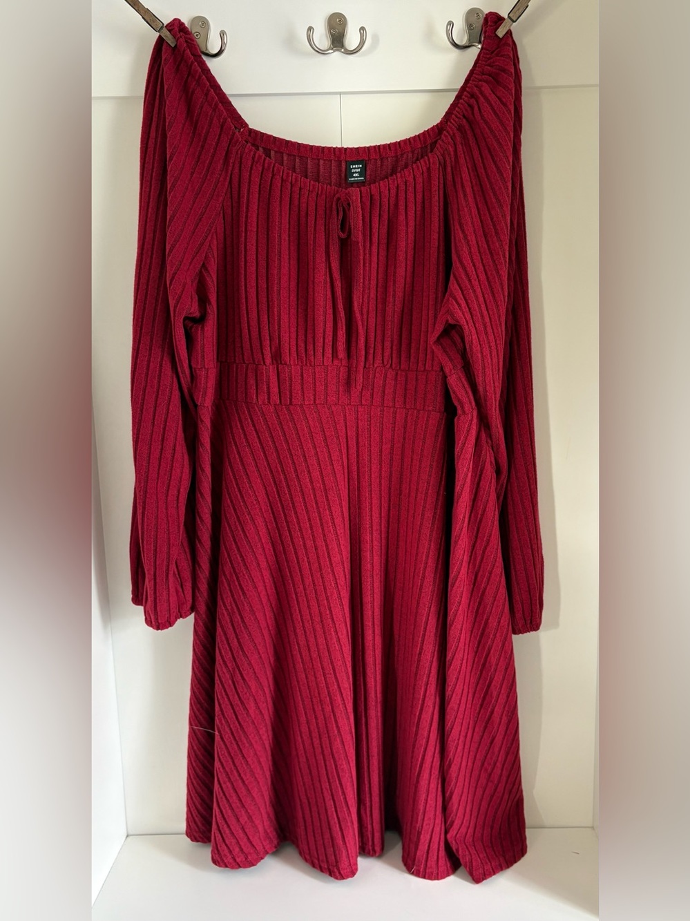 SHEIN 4X Red Ribbed Long Sleeve Mini Dress with Scoop Neck and Tie